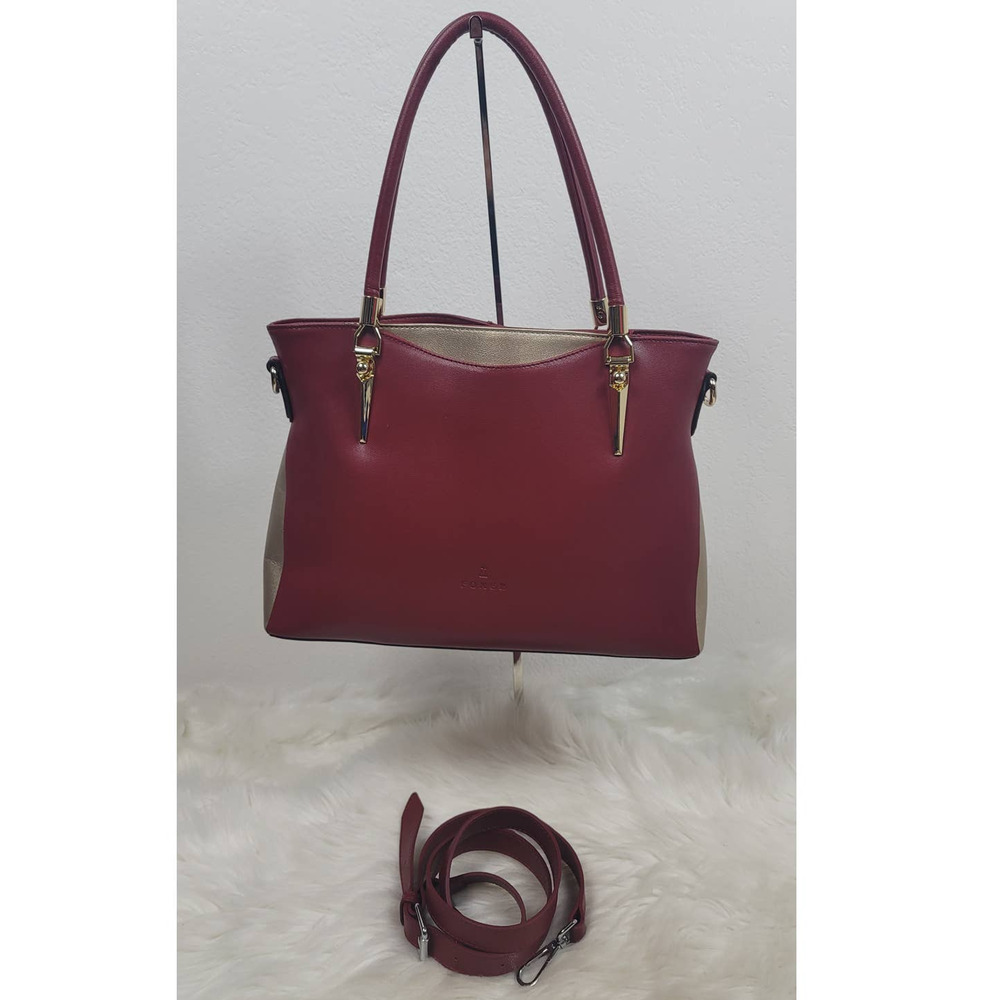 Foxer Deep Red Gold Side Gold Tone Accent Vintage Look With Strap Purse